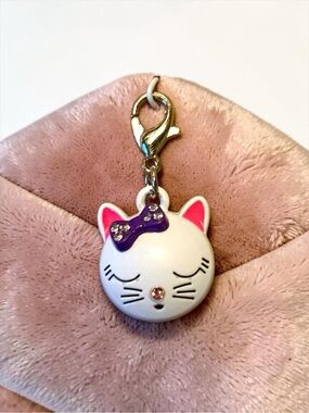 Cute White Cat Charm Keychain with Purple Bow by Alaska Wild Rose designs
